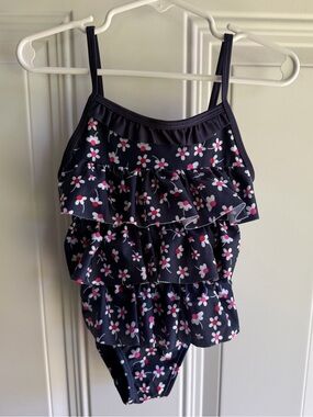 Penelope Plumm  Navy Floral Ruffle One-Piece Swimsuit 2T
